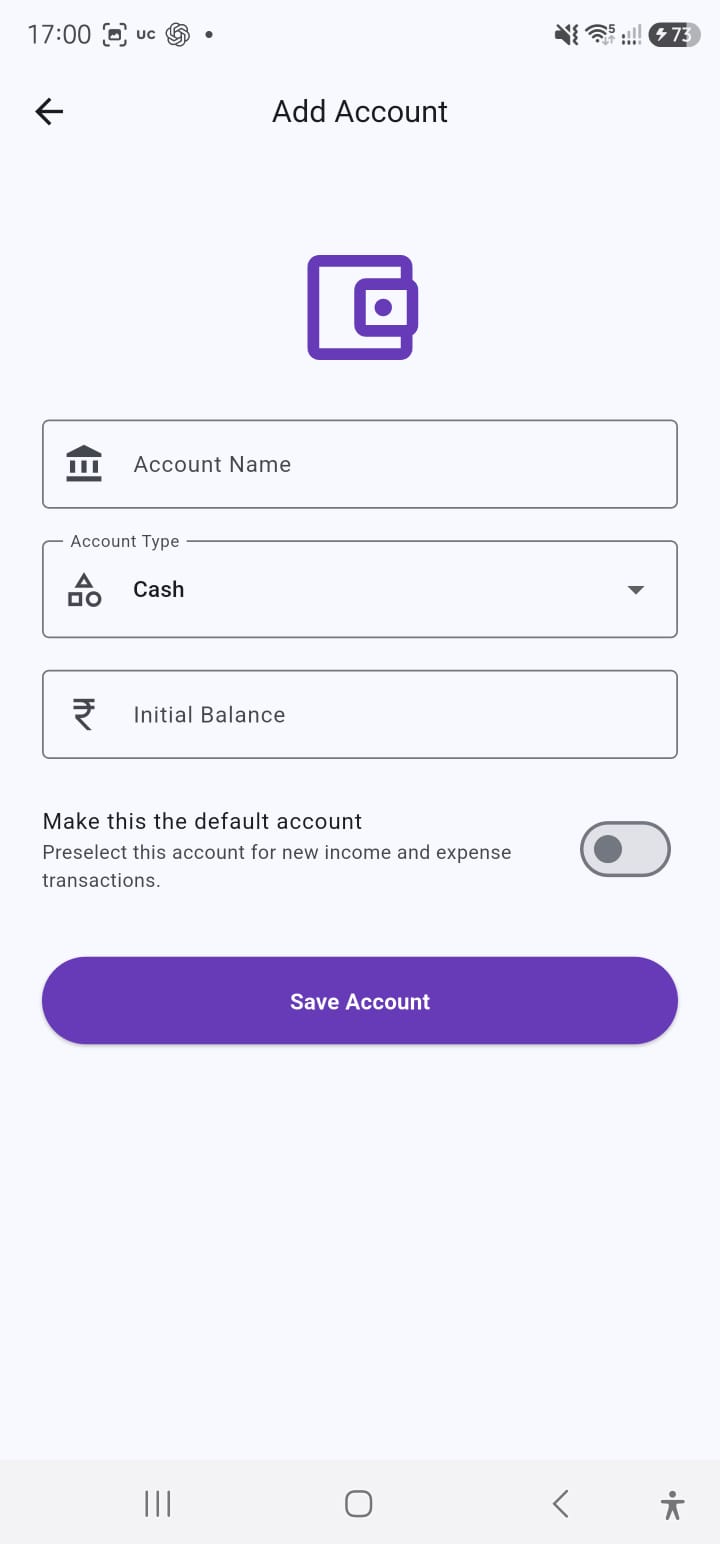BudgetWise Add account screen