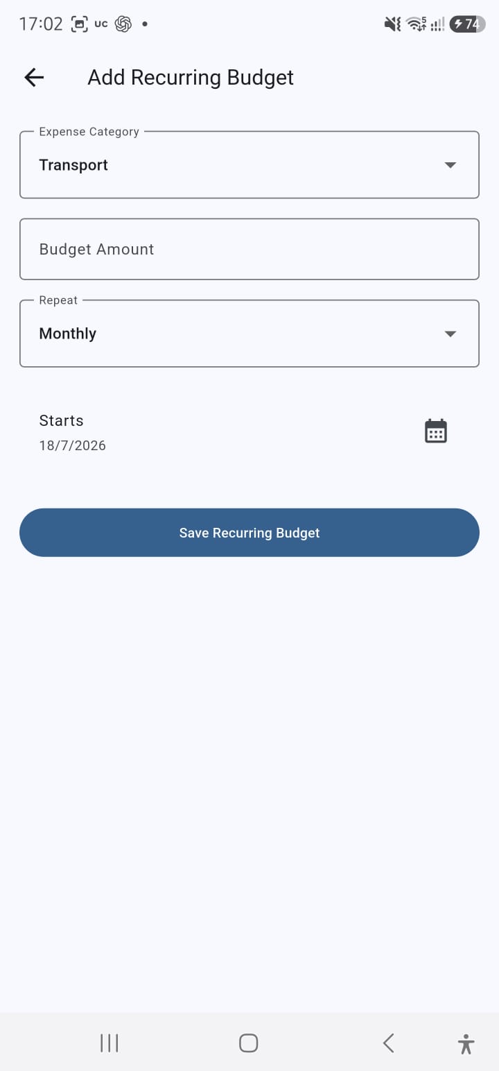 BudgetWise Recurring budget screen
