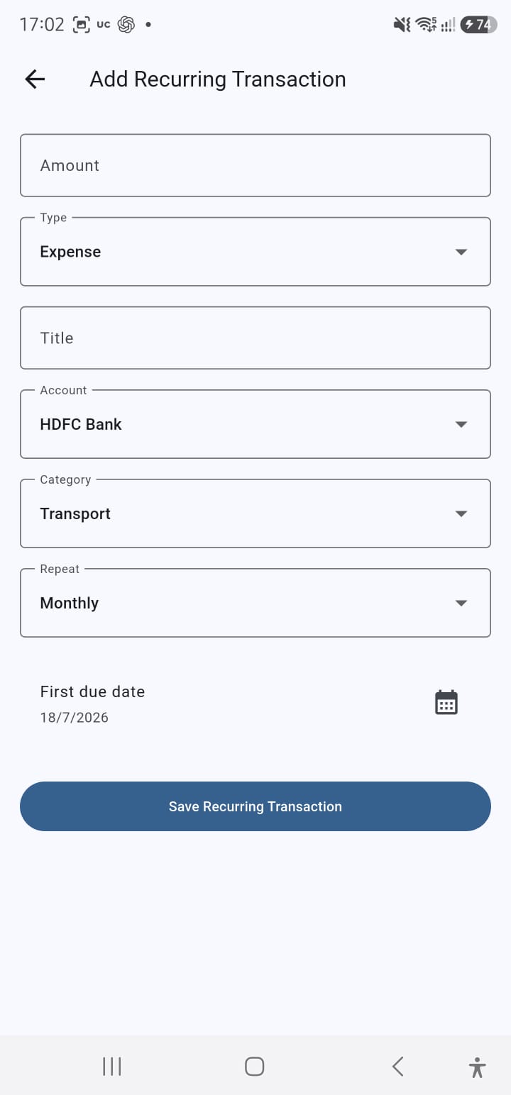 BudgetWise Recurring transaction screen