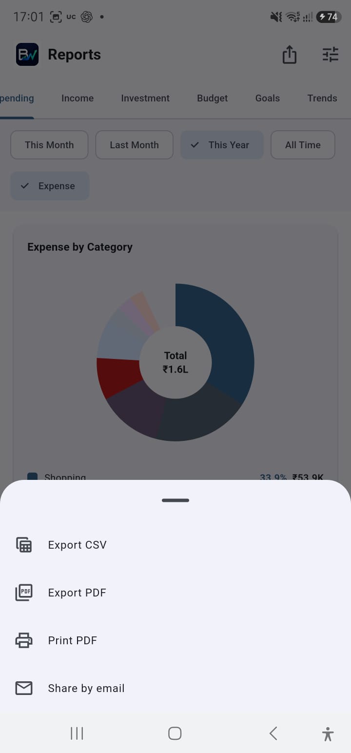 BudgetWise Export reports screen
