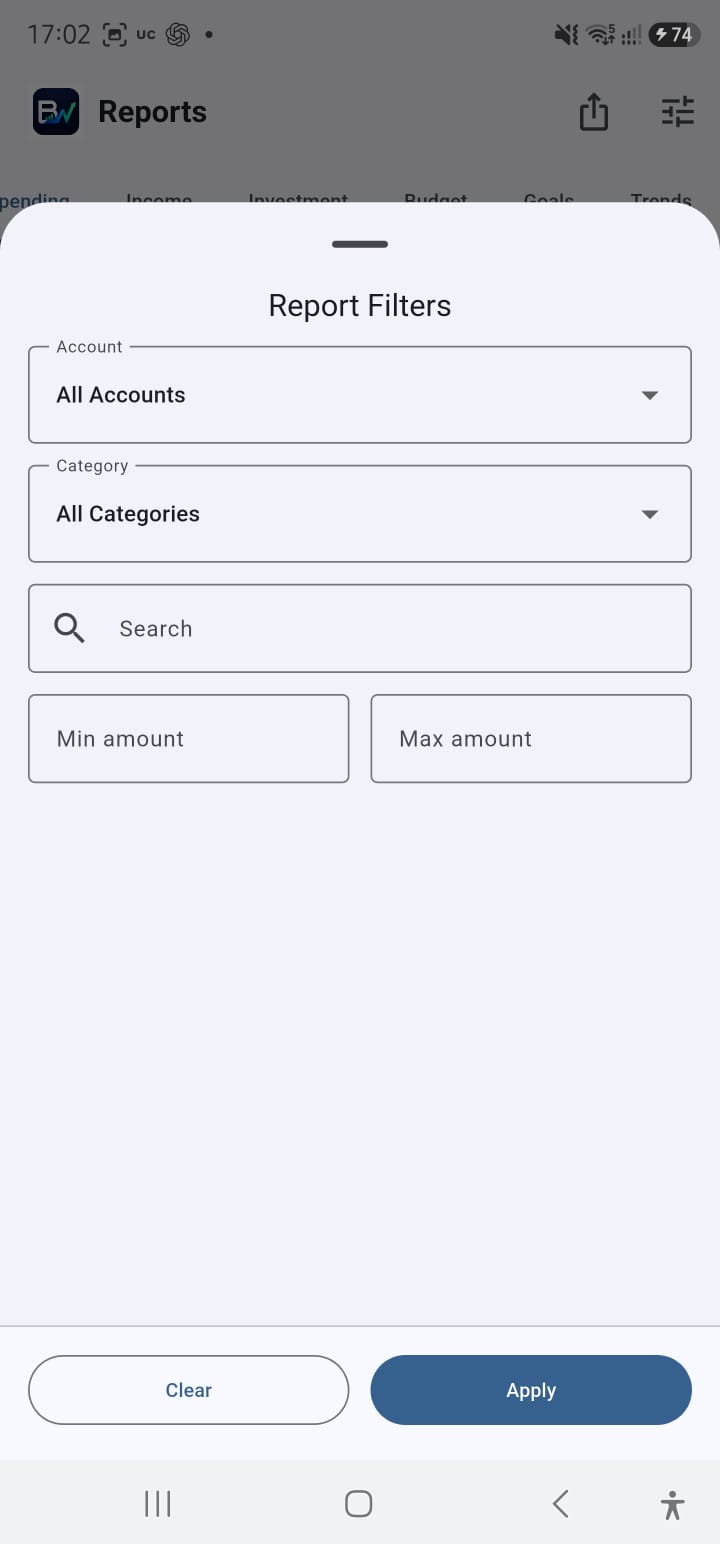 BudgetWise Report filters screen