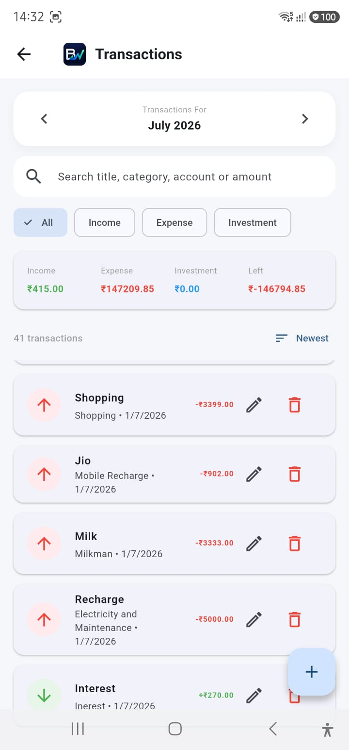 BudgetWise Transactions screen